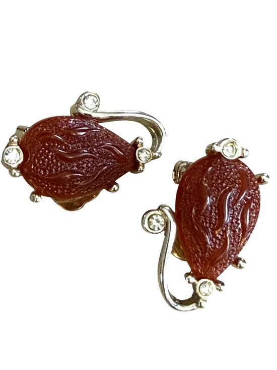 Kramer of New York Jewelry - Vintage KRAMER Signed Carved Orange Glass Rhinestone Clip Earrings Gold Tone 50s